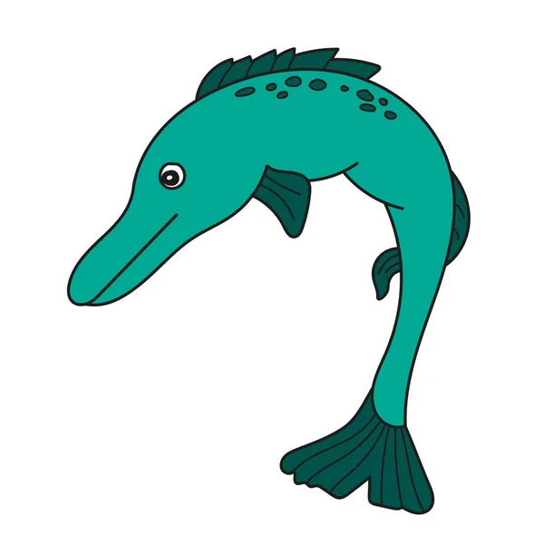Ícone de desenho animado simples. Pique estilizado um peixe de água doce predatório de corpo longo — Vetor de Stock