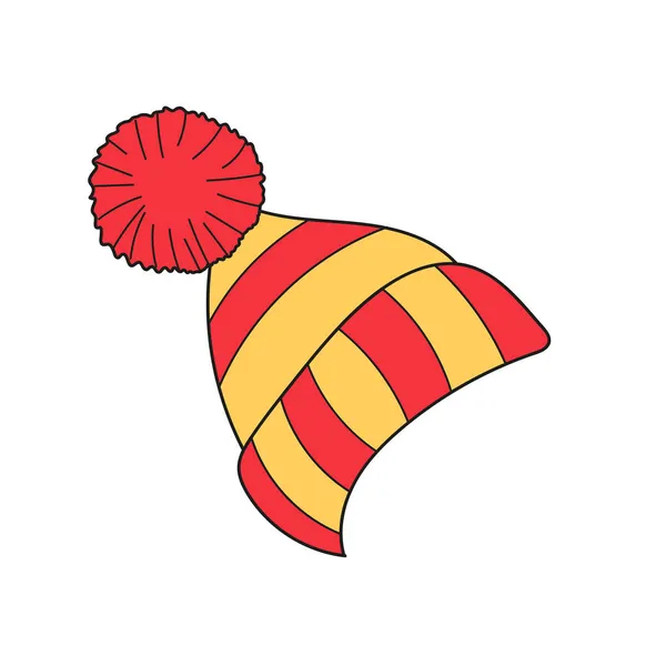 단순 한 만화 아이콘입니다. ( 영어 ) Knitted red and yellow hat with pom-pom vector icons. — 스톡 벡터