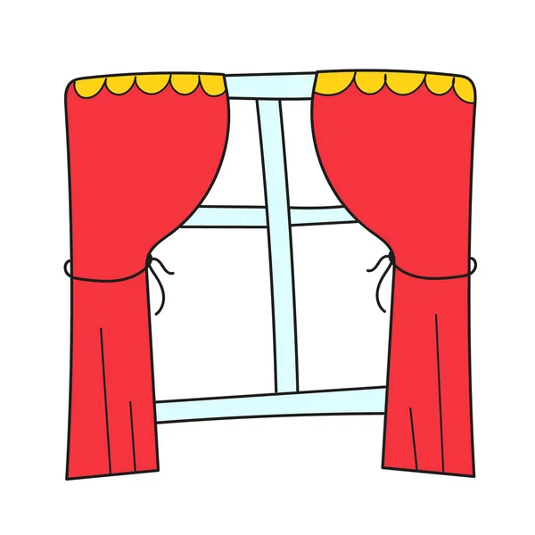 단순 한 만화 아이콘입니다. 붉은 커튼이 달린 창문을 따로 떼어 놓은 예 — 스톡 벡터