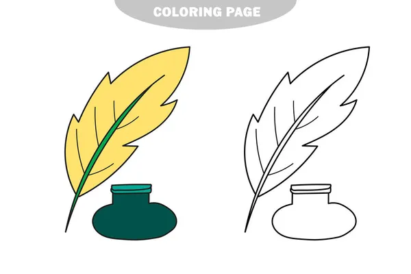 Simple coloring page. Inkpot and feather. Cartoon style vector illustration — Stock Vector