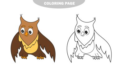 Basit boyama sayfası. Renksiz komik çizgi film baykuşu. Vektör illüstrasyonu.