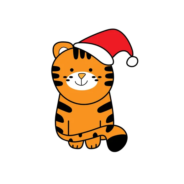 Carine le tigri a strisce dei cartoni animati. Divertente tigre bambino in cappello Babbo Natale su sfondo bianco — Vettoriale Stock