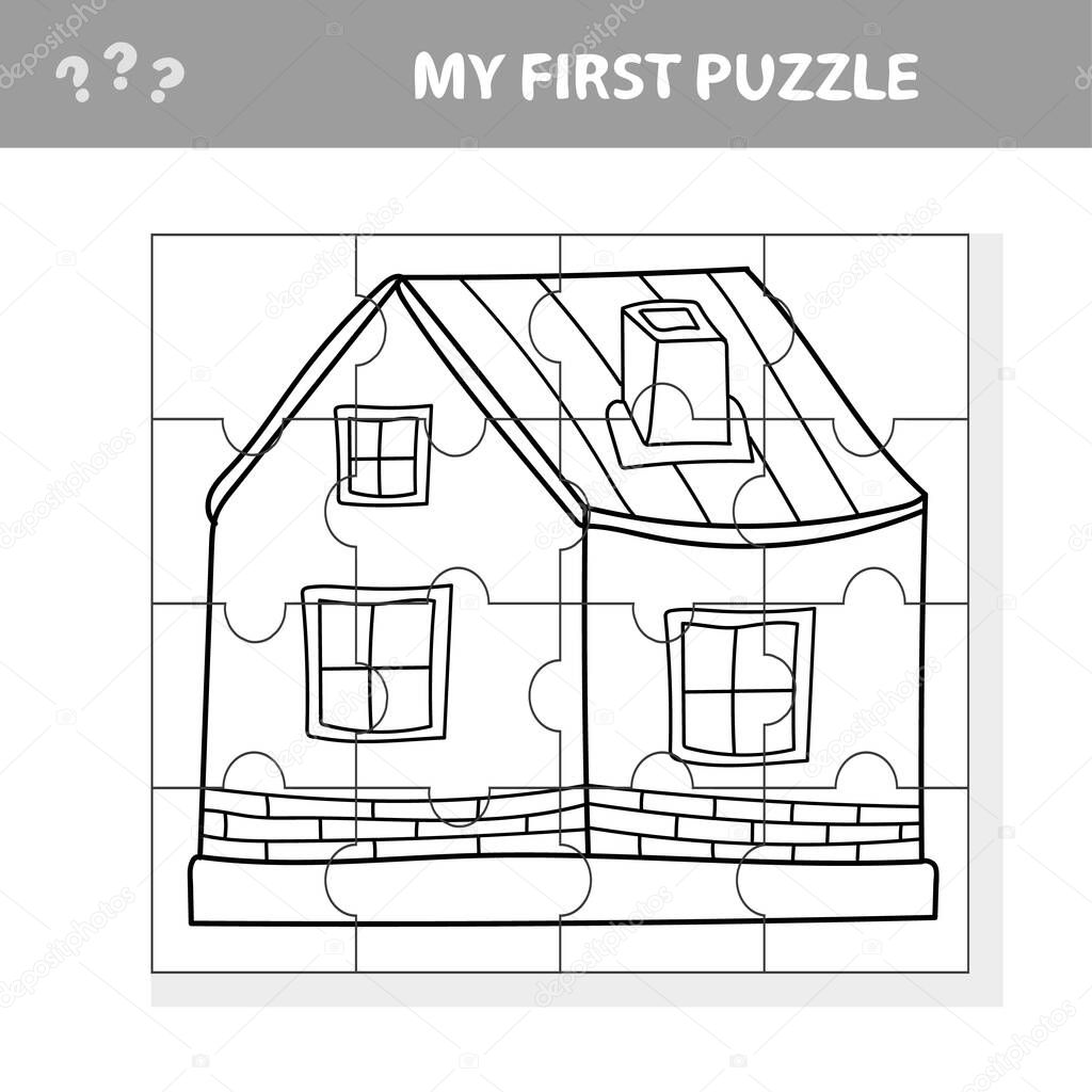 Education paper game for children, carton House. My first puzzle - game for kids. Coloring page