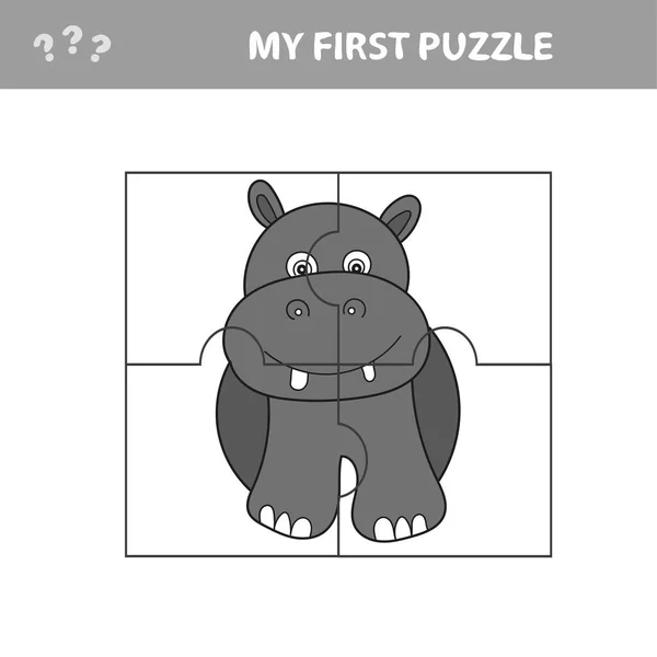 Cartoon education jigsaw puzzle game for preschool children with funny hippo — Stock Vector