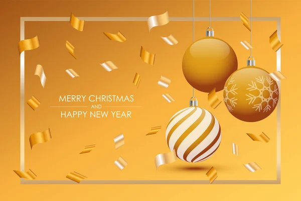 Joyeux Noël et bonne année carte avec des boules d'or. — Image vectorielle