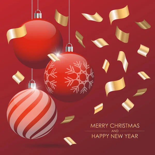 Biglietto di Natale rosso con palline di Natale. Design banner — Vettoriale Stock