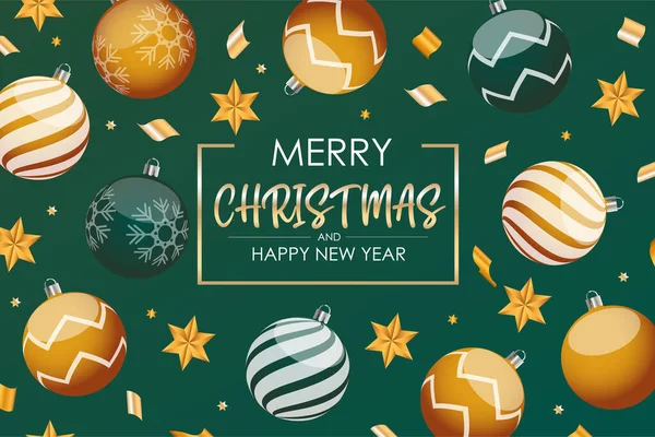 Noel afişi, Xmas yeşili ve altın toplar. Yatay Noel posterleri
