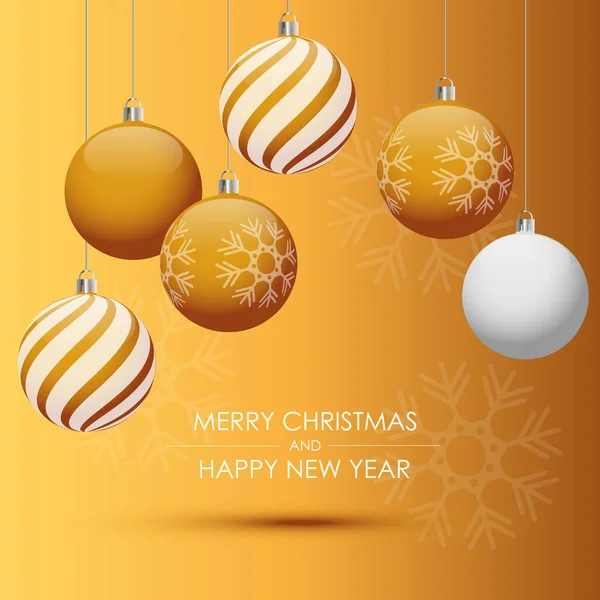 Joyeux Noël et bonne année carte avec des boules d'or. — Image vectorielle