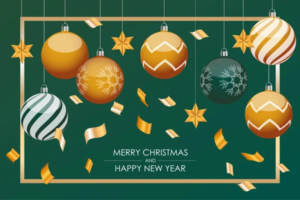 Bannière de Noël, boules de Noël vertes et dorées. affiches horizontales de Noël — Image vectorielle
