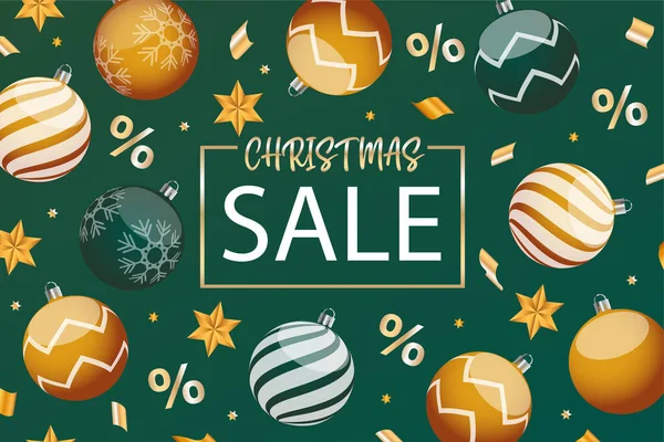 Christmas sale - green and gold balls. Vector illustration. — Stock Vector