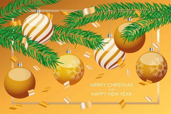 Feliz Navidad y Feliz Año Nuevo con bolas de oro en una rama de árbol. — Archivo Imágenes Vectoriales