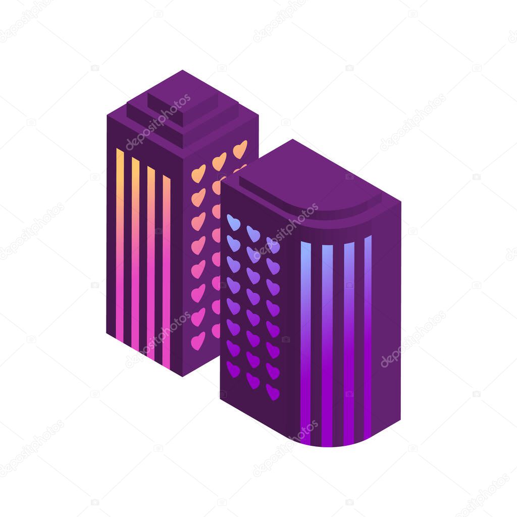 City of love, neon isometric building icon. Design for website, app.