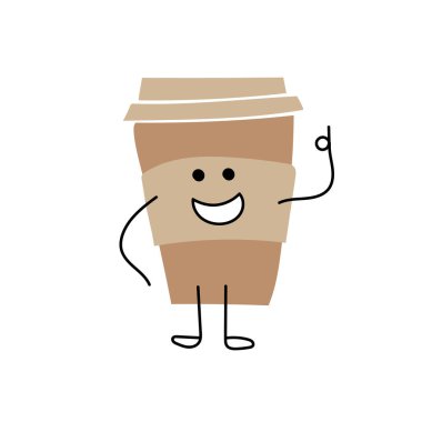 Çizgi film kahve fincanı. Kahveyi götür. Bir fincan mutlu kahve. Vektör