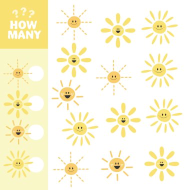 Maç sayısı, kaç Sun. Eğitimsel çocuk oyunu, yazdırılabilir çalışma tablosu