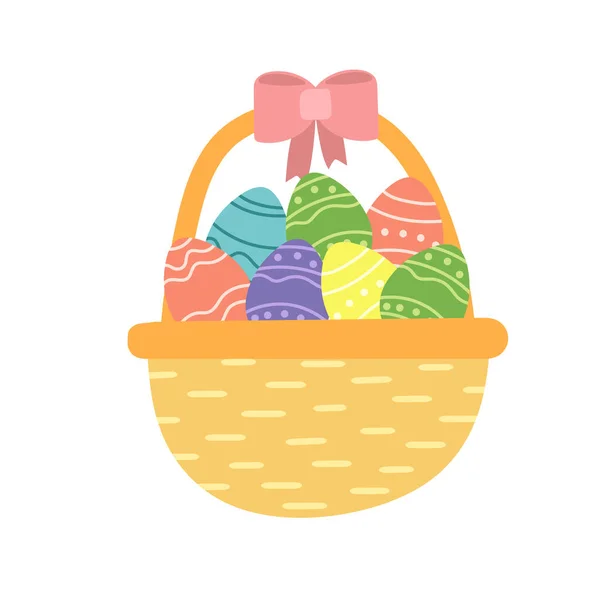 Пасхальные разноцветные яйца в корзине. Векторная иллюстрация. Ручной стиль — стоковый вектор