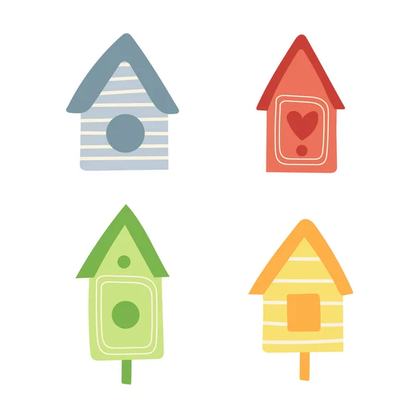 木造のバードハウス、鳥のための家のアイコンのセット。手描きベクトル — ストックベクタ