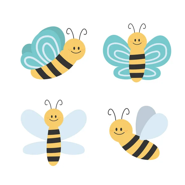 Precioso diseño simple de una caricatura de abejas amarillas y negras sobre un fondo blanco — Vector de stock