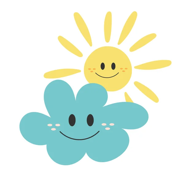 Sun kramar molnet. Glada leende karaktärer. Vektor Illustration. — Stock vektor