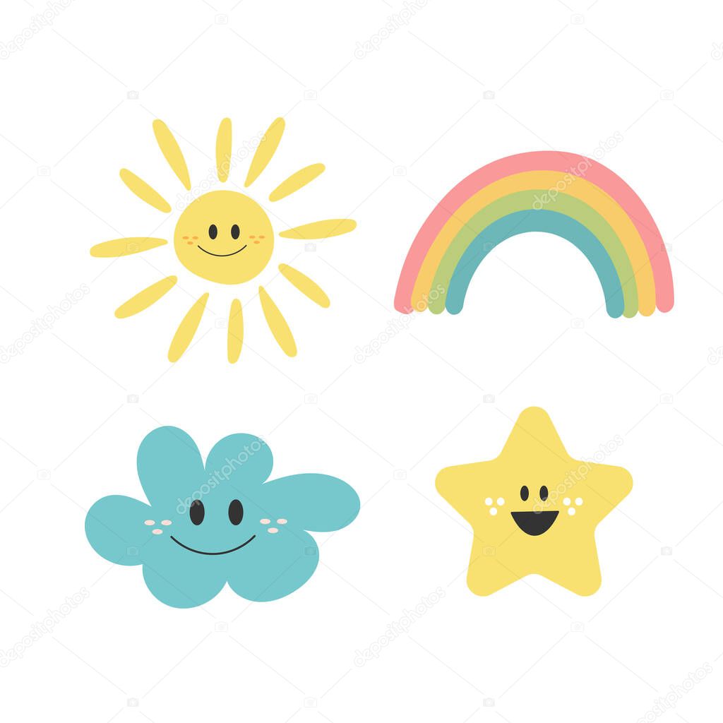 Cute hand drawn collection with character cloud, rainbow, sun and star.