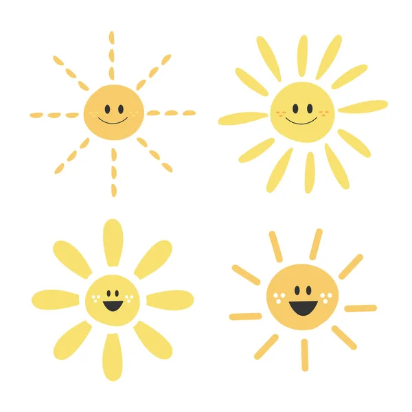 Carino divertenti personaggi del sole. Sole disegnato a mano vettoriale isolato su sfondo bianco — Vettoriale Stock