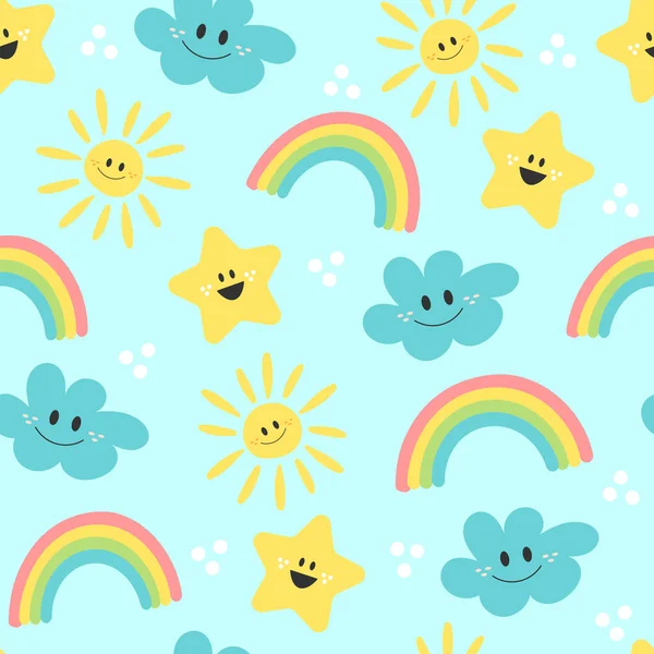 Leuke cartoon zon, regenboog, wolk en ster - naadloze patroon achtergrond. — Stockvector