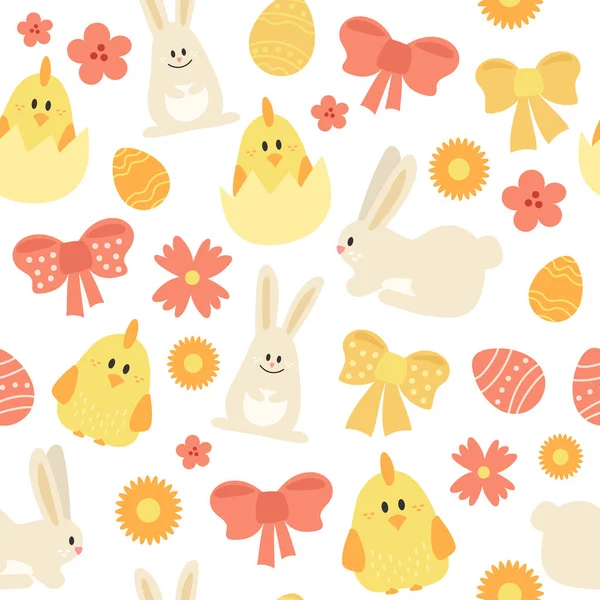 Modèle sans couture avec oeufs de Pâques, poulets et lapins. Conception de Pâques — Image vectorielle