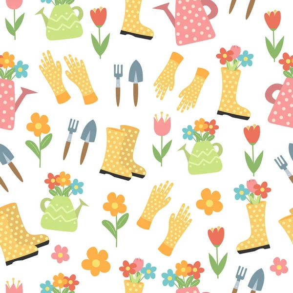 Nahtloses Muster mit Blumen, Gummistiefeln, Werkzeugen. Gartenarbeit. — Stockvektor