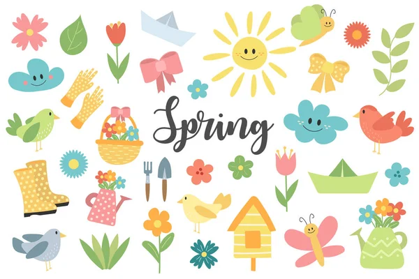 Collection of hand drawn spring items for bright design on white background. — Stock Vector