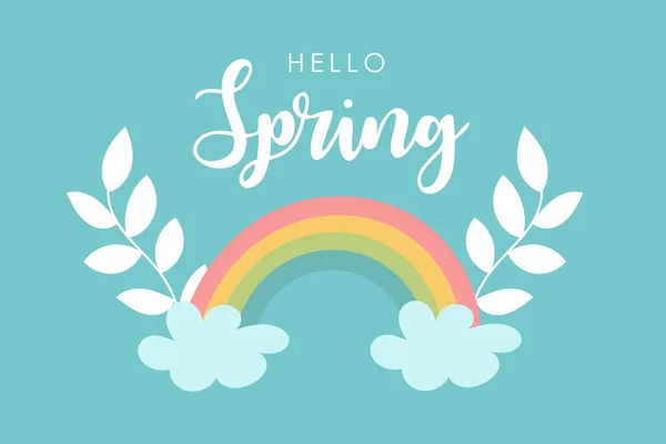 Hola diseño de la tarjeta de primavera. Arco iris en el cielo azul. Tarjeta de felicitación dibujada a mano brillante — Vector de stock