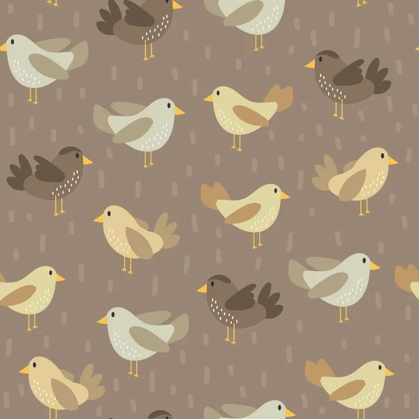 Seamless pattern with cute birds in a hand-drawn style. Beige, brown birds — Stock Vector