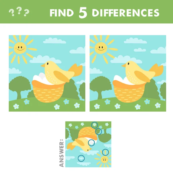 Trouver jeu de différences pour les enfants. Page d'activité avec oiseau drôle, nid et œufs — Image vectorielle