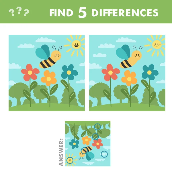 Lernspiel für Kinder. Finden Sie 5 Unterschiede. Niedliche Biene mit Blumen. — Stockvektor