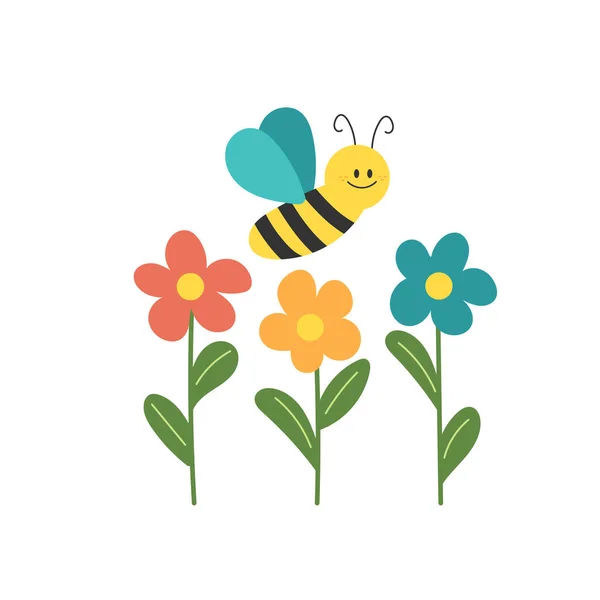 Linda abeja con flores sobre fondo blanco. Vector para niños — Vector de stock