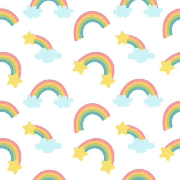 Pastel arco iris y estrellas patrón sin costuras sobre fondo blanco — Archivo Imágenes Vectoriales