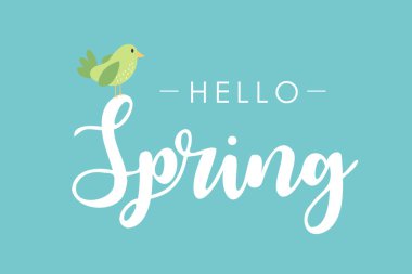 Merhaba bahar el yazısı tasarımı. Yeşil kuşlu kart. Vektör şablonu