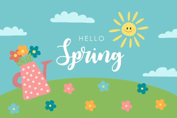 Hola tarjeta de primavera con regadera y flores - ilustración vector de la naturaleza — Vector de stock