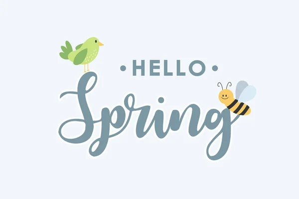 Hola diseño de escritura de primavera. Tarjeta con pájaro verde y abeja. Plantilla vectorial — Vector de stock