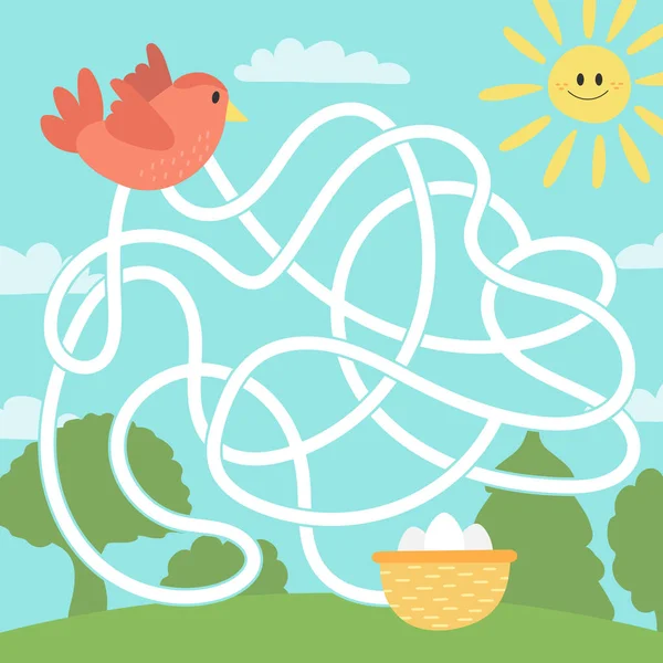 Лабиринт игры для детей, образование лист. Птица и гнездо с яйцами — стоковый вектор