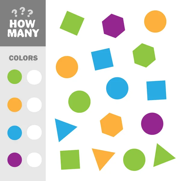 子供のための単純な幾何学的な形状でゲームを数える 論理的な思考の開発のための教育数学のタスク 色のある要素の数 — ストックベクタ