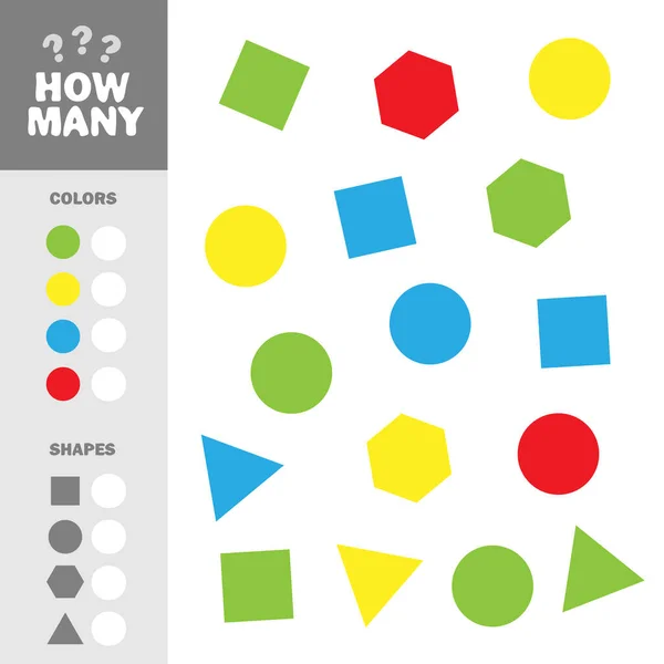 子供のための単純な幾何学的な形状でゲームを数える 開発のための教育数学のタスク 色や形を持つ要素の数 — ストックベクタ