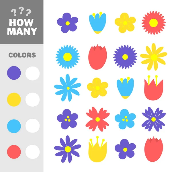 Vzdělávací matematika hra pro děti. Kolik květin se specifickými barvami — Stockový vektor