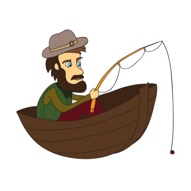 Teknedeki balıkçı. Beyaz arkaplanda basit bir karikatür resmi. Vektör