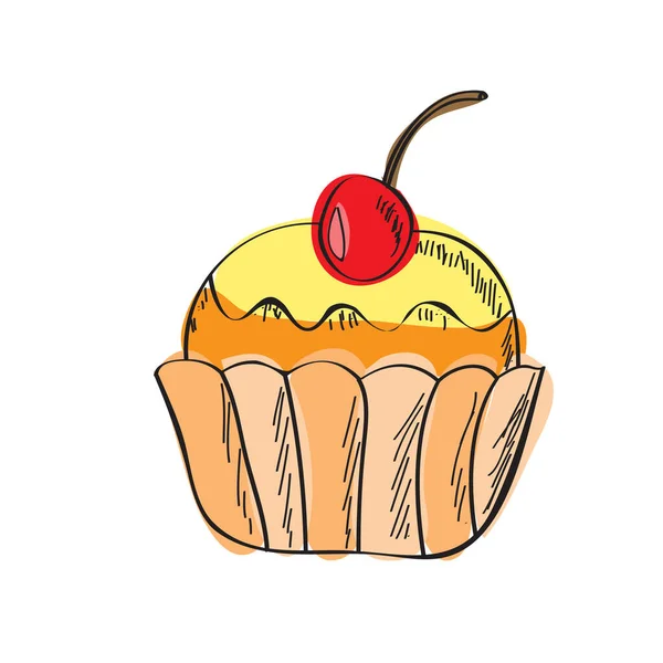 Illustrazione Scarabocchio Vettoriale Disegnato Mano Cupcake Torta Cartoni Animati Isolato — Vettoriale Stock