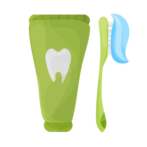 Векторная Иллюстрация Зубной Щетки Зубной Пасты Зелеными Цветами Белом Фоне — стоковый вектор