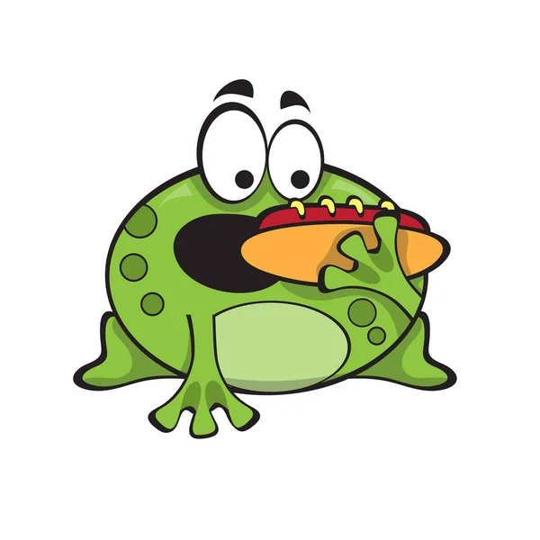 ホットドッグとかわいい緑のカエル 白い背景に隔離された漫画のキャラクター 面白い屋台料理 — ストックベクタ