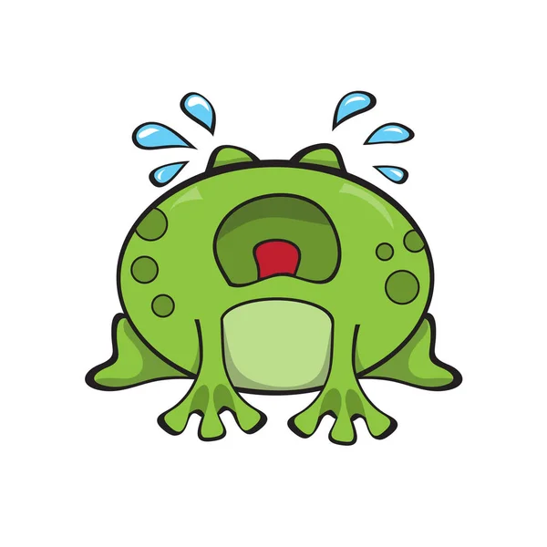 かわいい悲しいカエルが座って泣いています。緑面白い漫画カエルのキャラクター — ストックベクタ