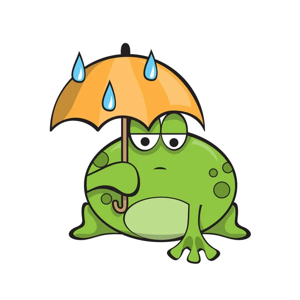 傘の下で悲しいカエル。雨の日だ。漫画面白い文字上の白 — ストックベクタ