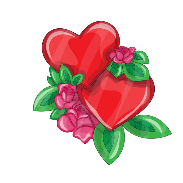 Illustration Vectorielle Avec Deux Coeurs Dessin Animé Des Roses Coeur — Image vectorielle