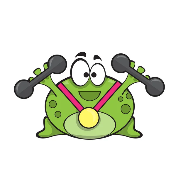 可爱青蛙与金牌和哑铃做健身锻炼 病媒卡通字符孤立在白色背景 — 图库矢量图片