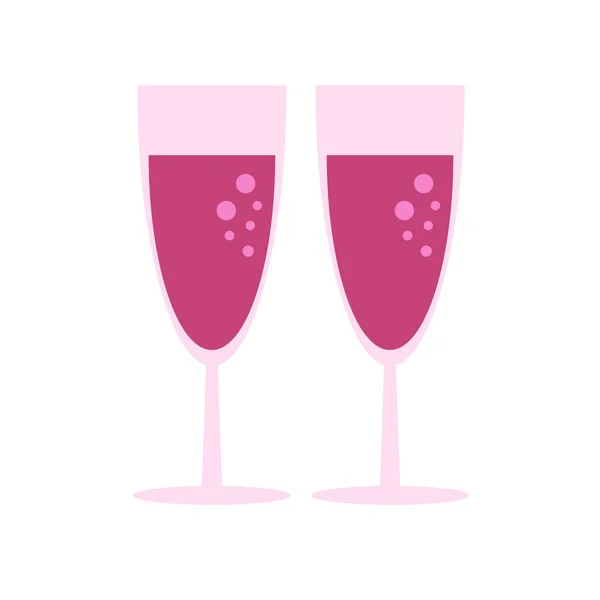 Dvě sklenky růžového šampaňského nebo vína. Vektorový obraz v plochém stylu. Valentýn — Stockový vektor